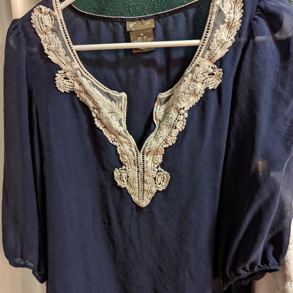 Anthropologie FEI Blue and cream blouse